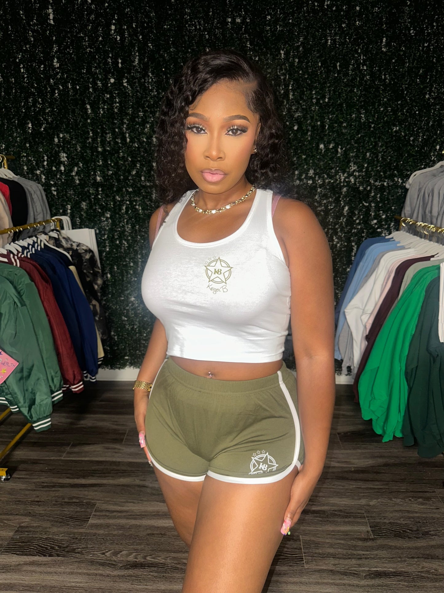 The OLIVE GREEN KB STAR LOGO WOMEN SHORT SET.