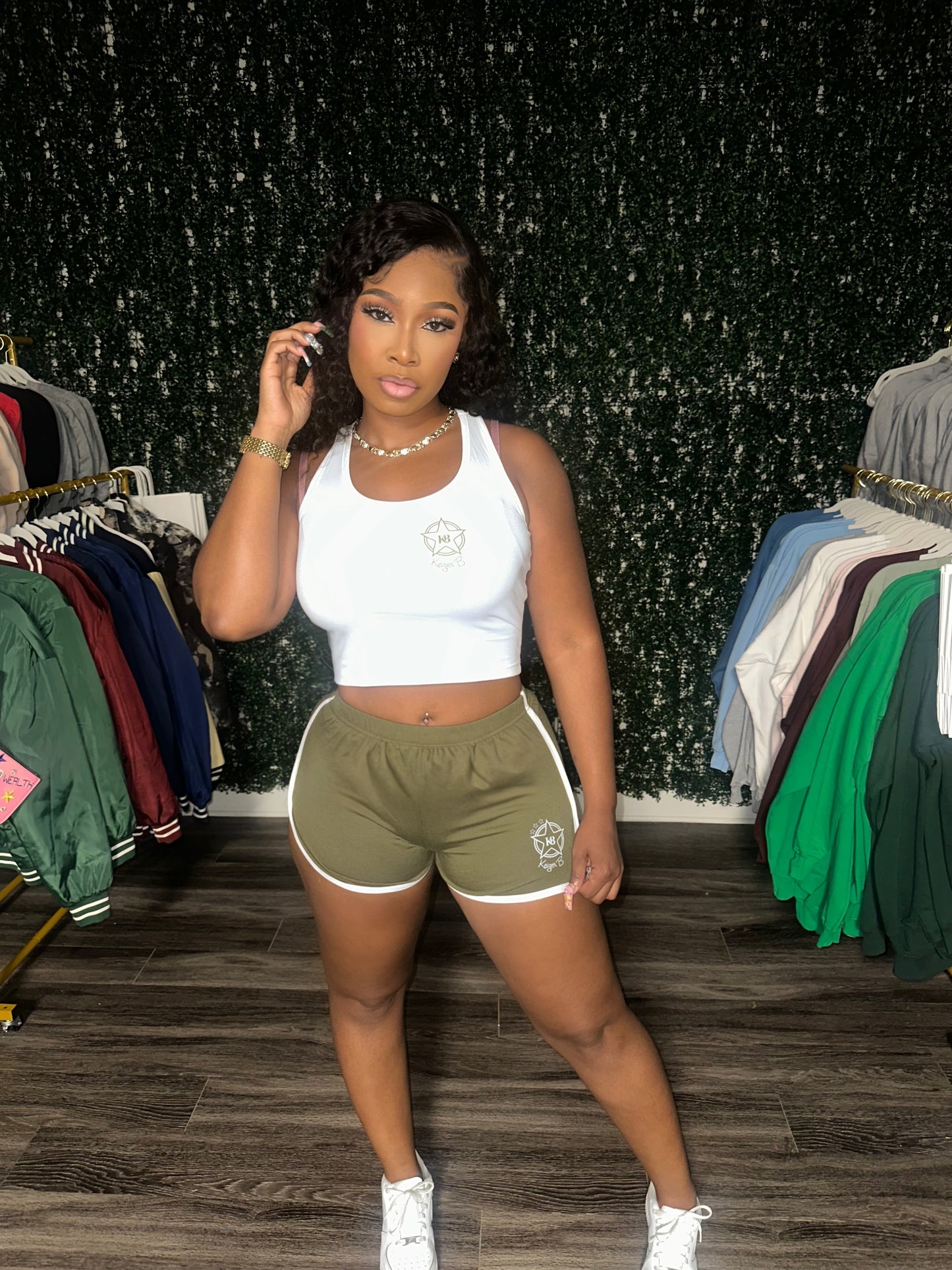 The OLIVE GREEN KB STAR LOGO WOMEN SHORT SET.