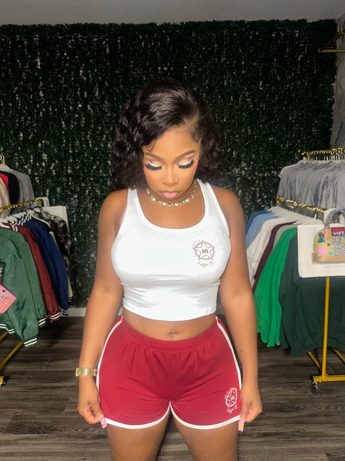 The BURGUNDY KB STAR LOGO WOMEN SHORT SET.