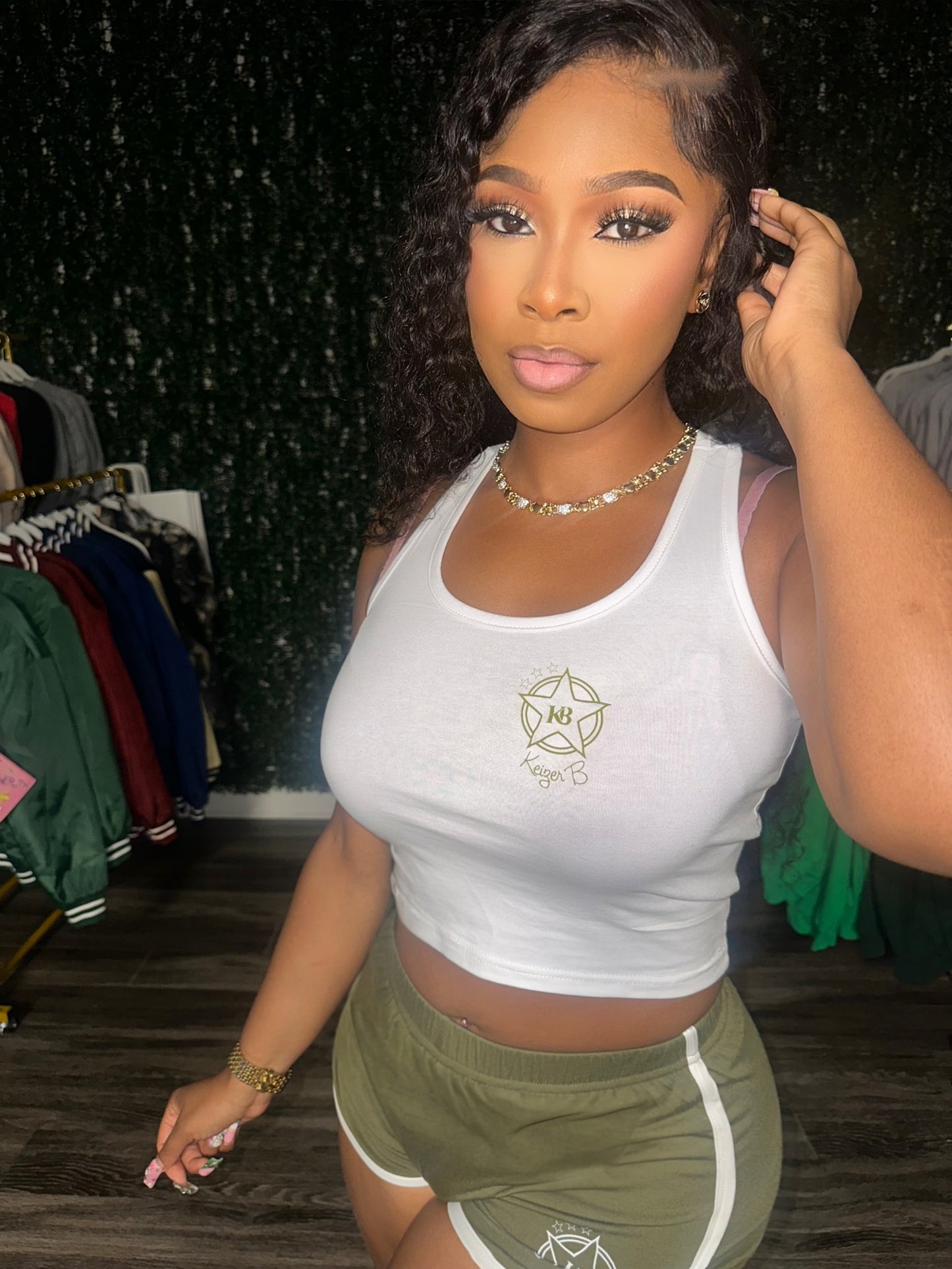 The OLIVE GREEN KB STAR LOGO WOMEN SHORT SET.