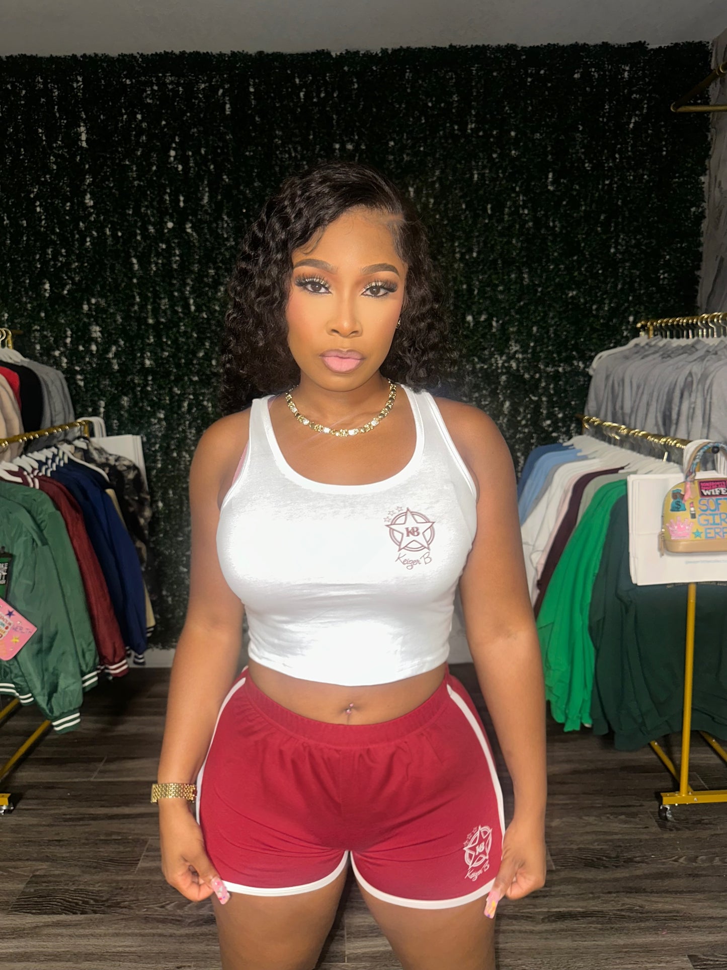The BURGUNDY KB STAR LOGO WOMEN SHORT SET.