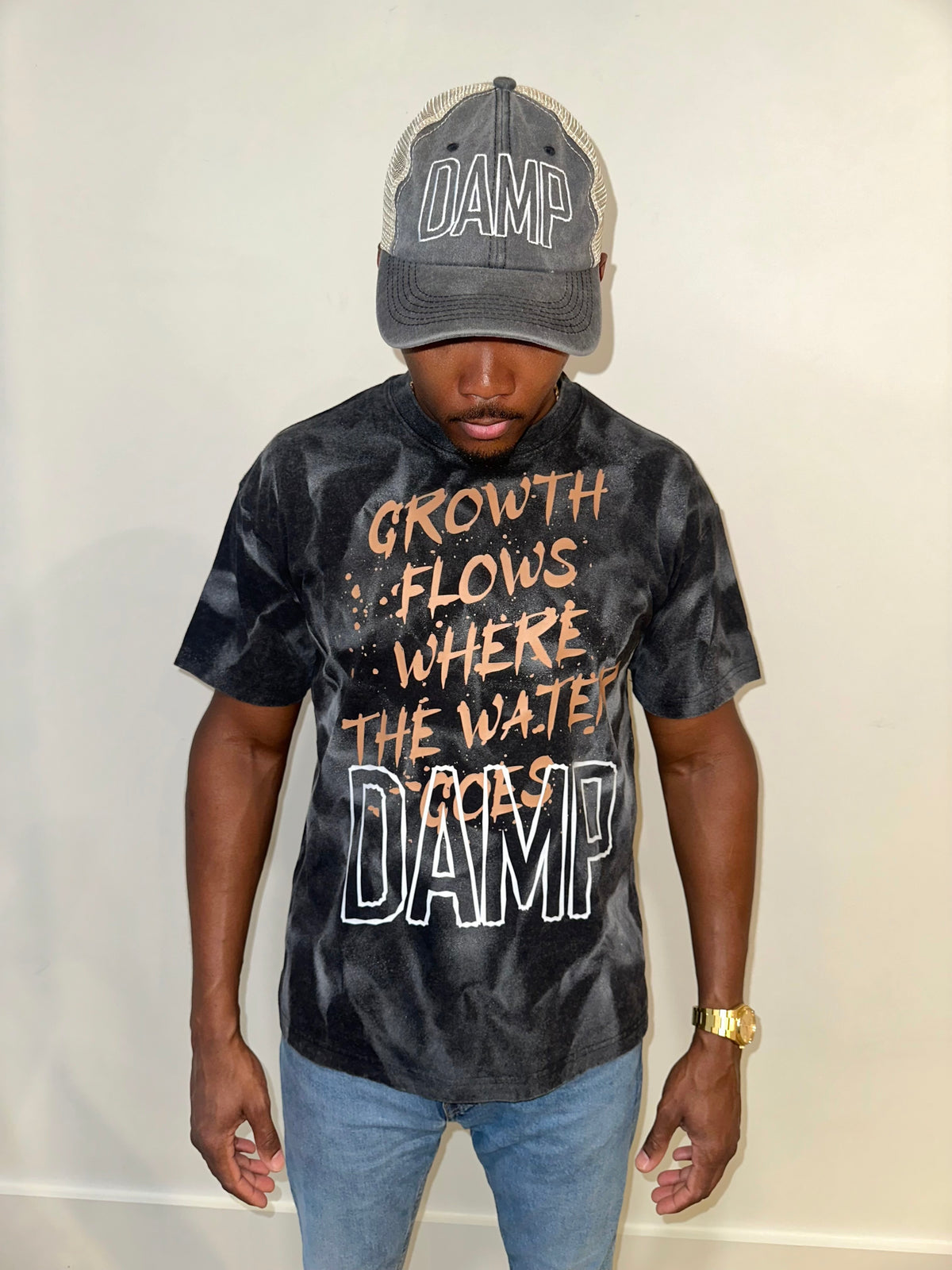 BLACK CHARCOAL DAMP GROWTH FLOWS MEN T SHIRT