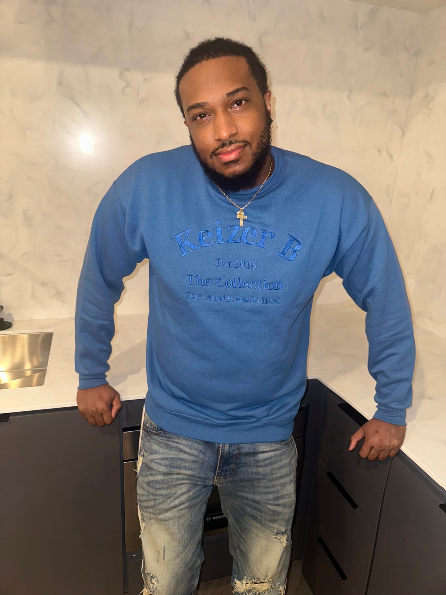 Denim Blue Crew Neck Sweater Men