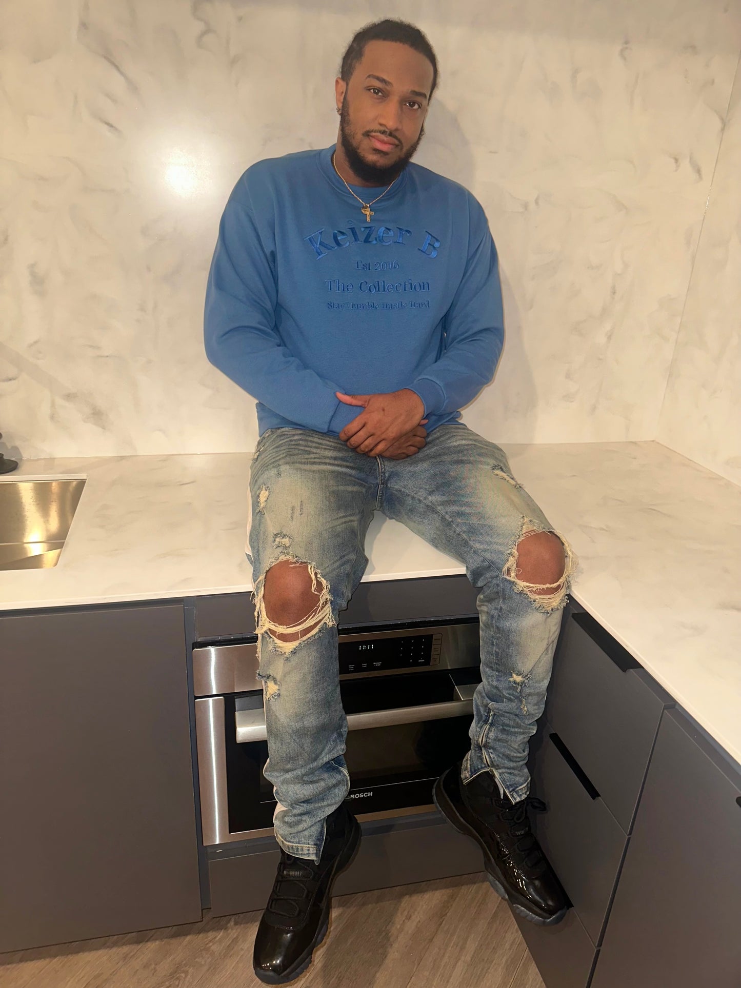 Denim Blue Crew Neck Sweater Men